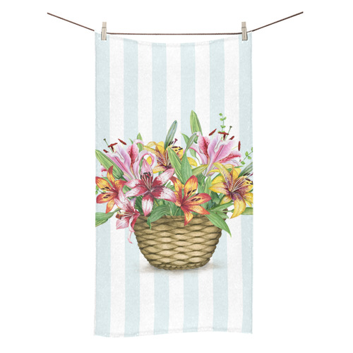 Flower Lily Basket on Pale Blue Stripes Bath Towel 30"x56"
