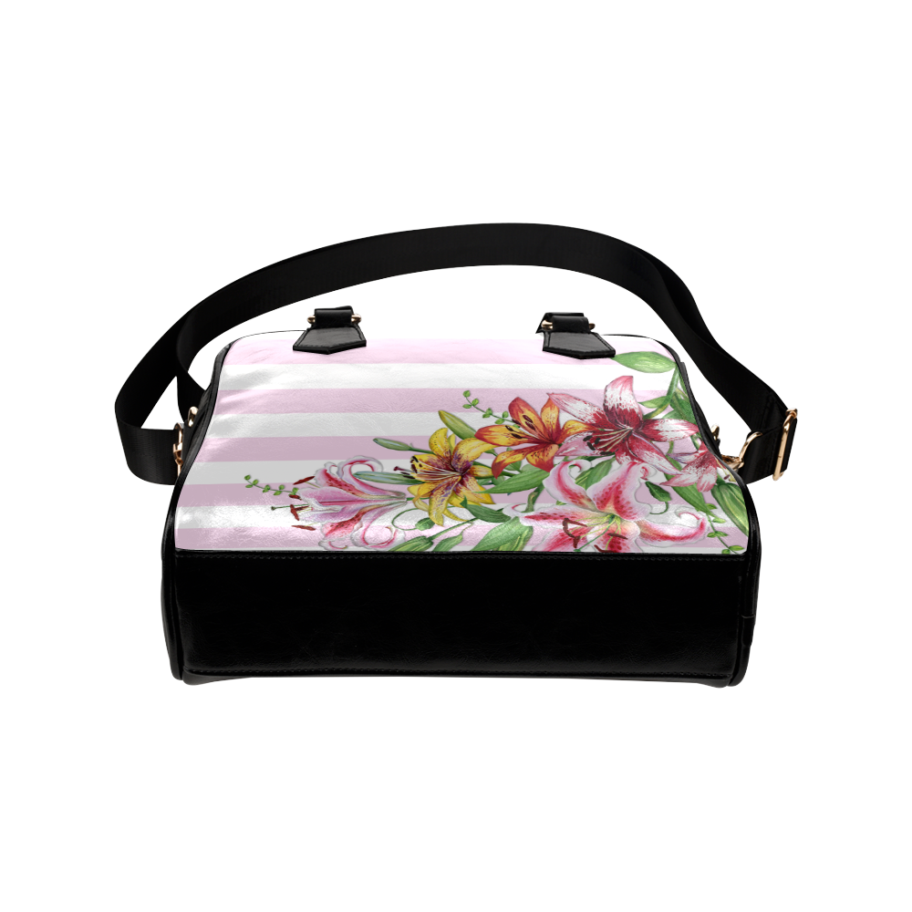 Lilies and Flowers on Pink Stripes Shoulder Handbag (Model 1634)