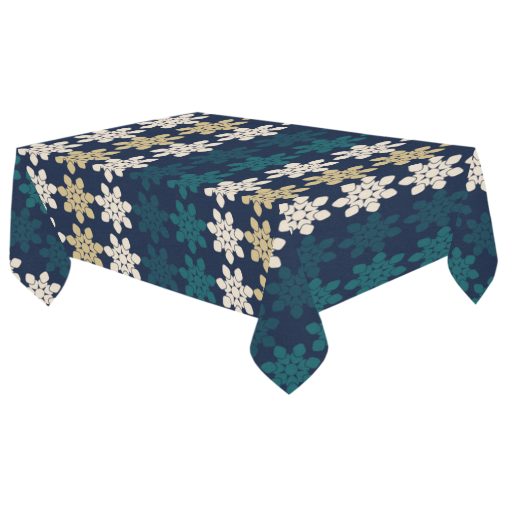 Dark Blue Floral Geometric Tile Cotton Linen Tablecloth 60"x 104"