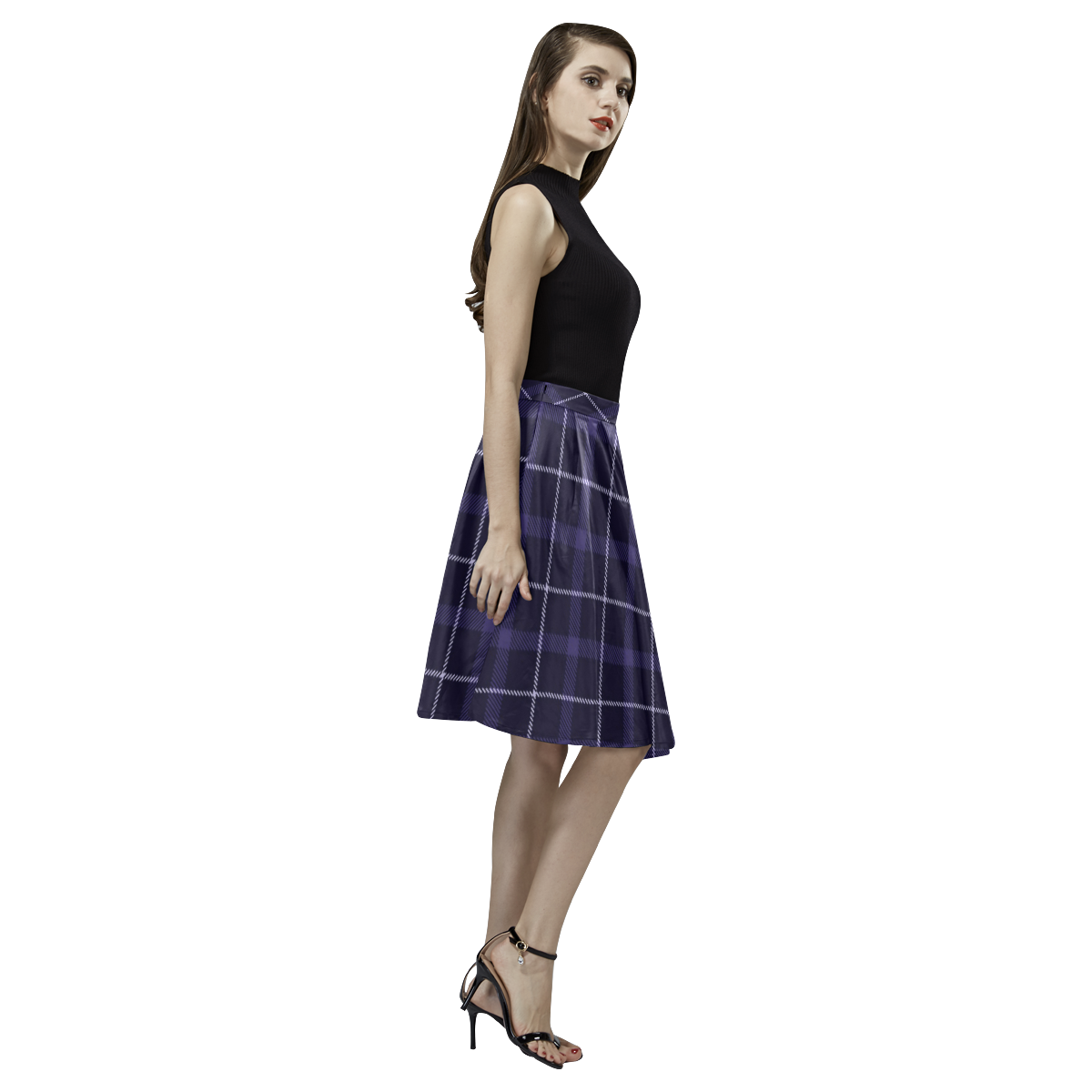 Royal blue plaid / tartan Melete Pleated Midi Skirt (Model D15)