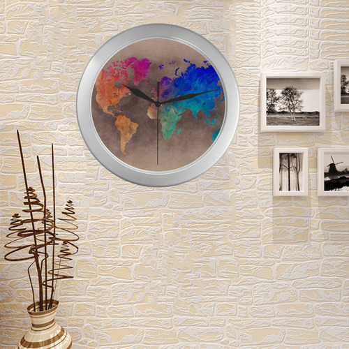 world map 25 Silver Color Wall Clock