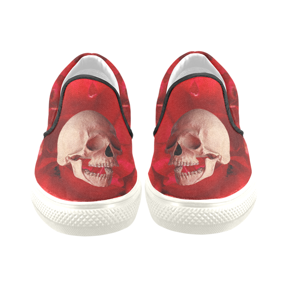 Funny Skull and Red Rose Men's Slip-on Canvas Shoes (Model 019)