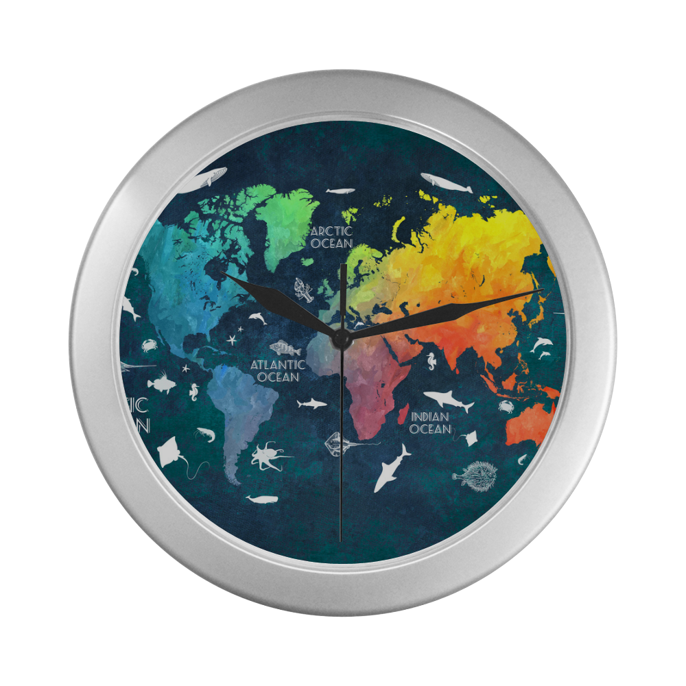 world map Silver Color Wall Clock