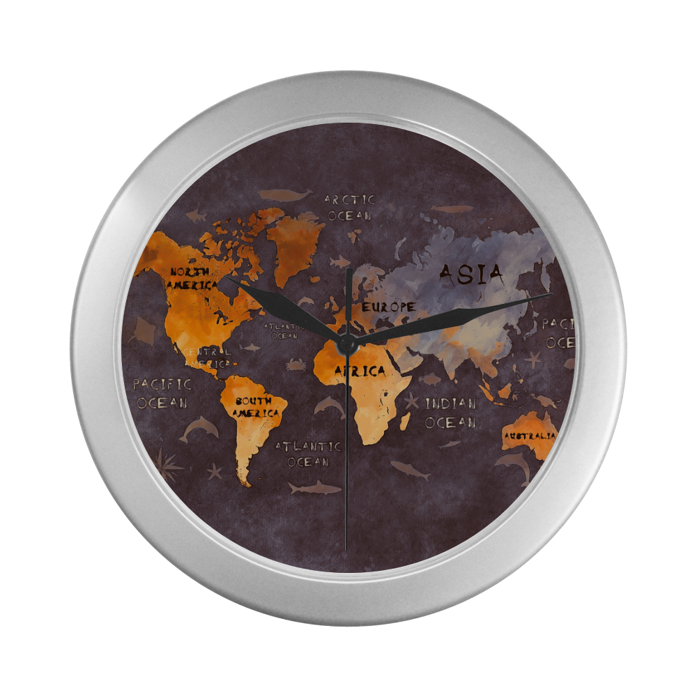 world map Silver Color Wall Clock