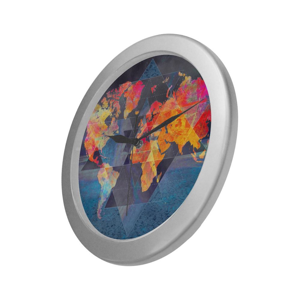 world map Silver Color Wall Clock