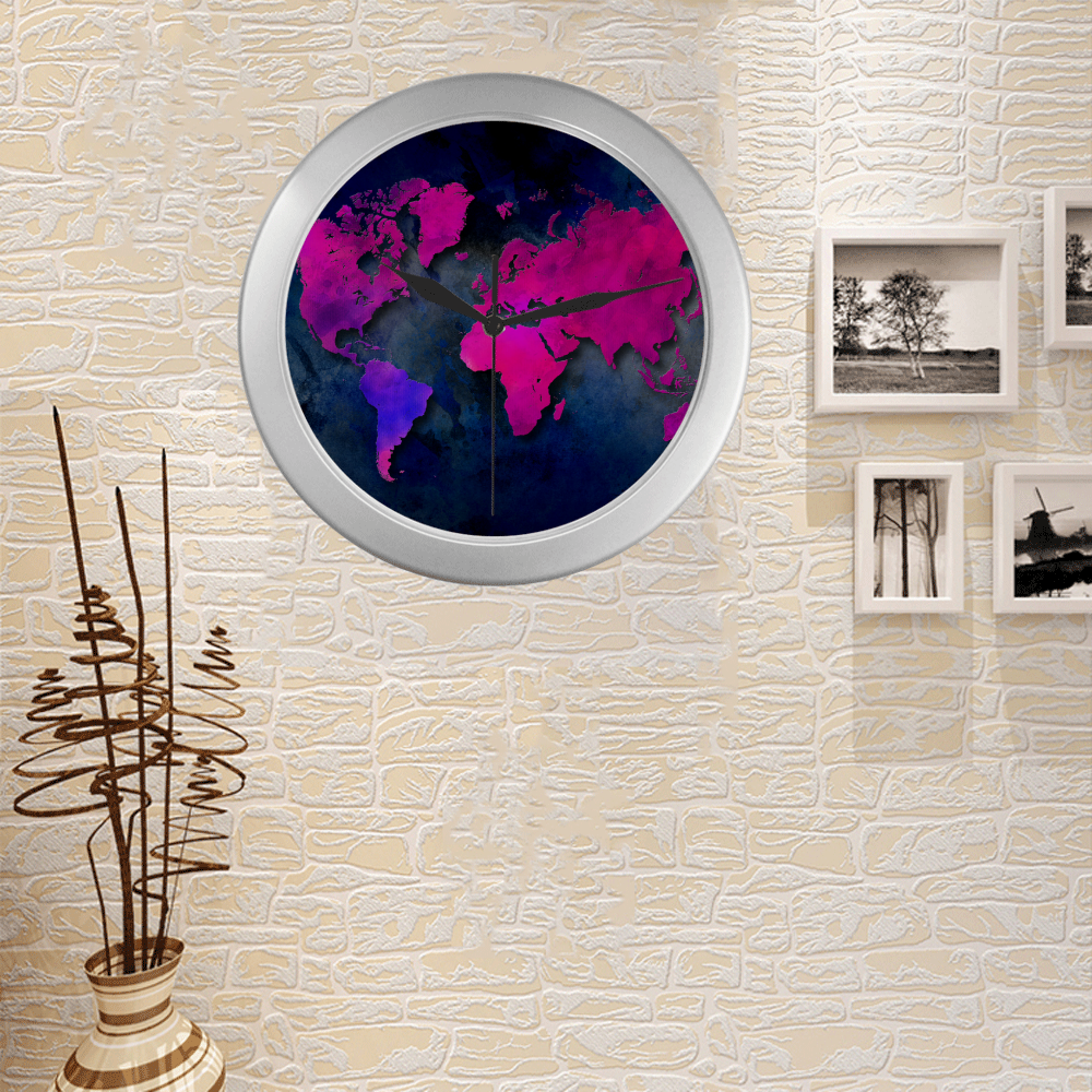 world map 14 Silver Color Wall Clock