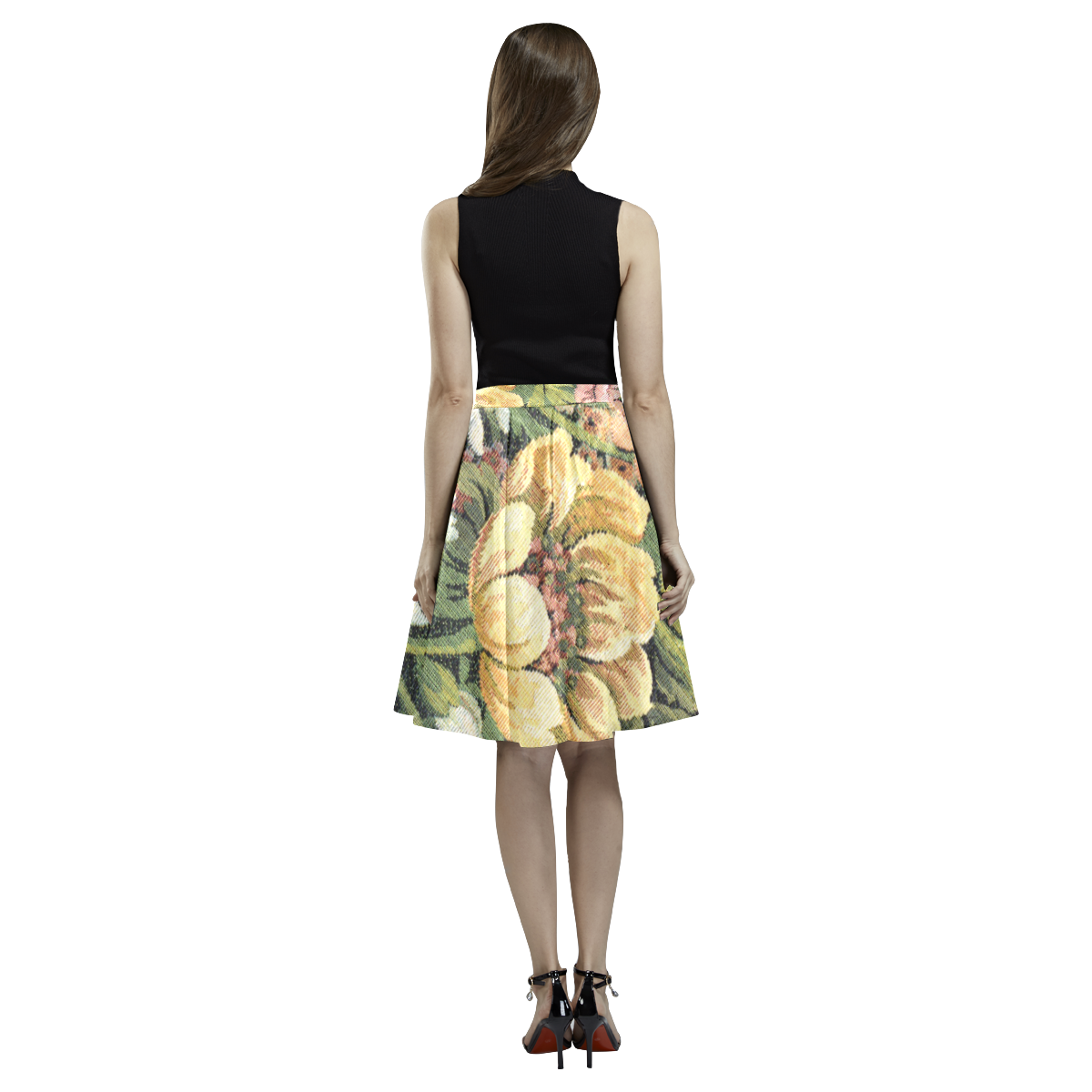 grandma's floral couch flower pattern Melete Pleated Midi Skirt (Model D15)