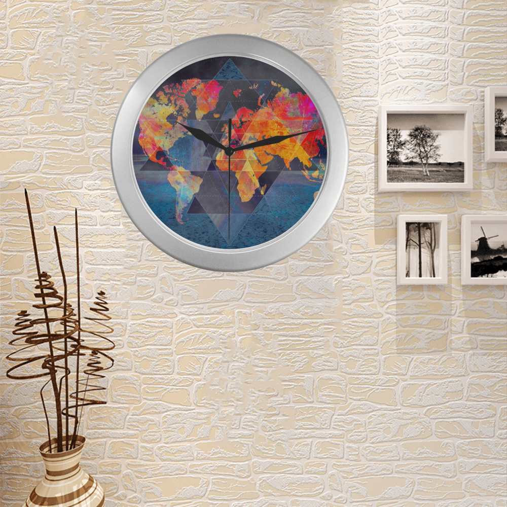 world map Silver Color Wall Clock