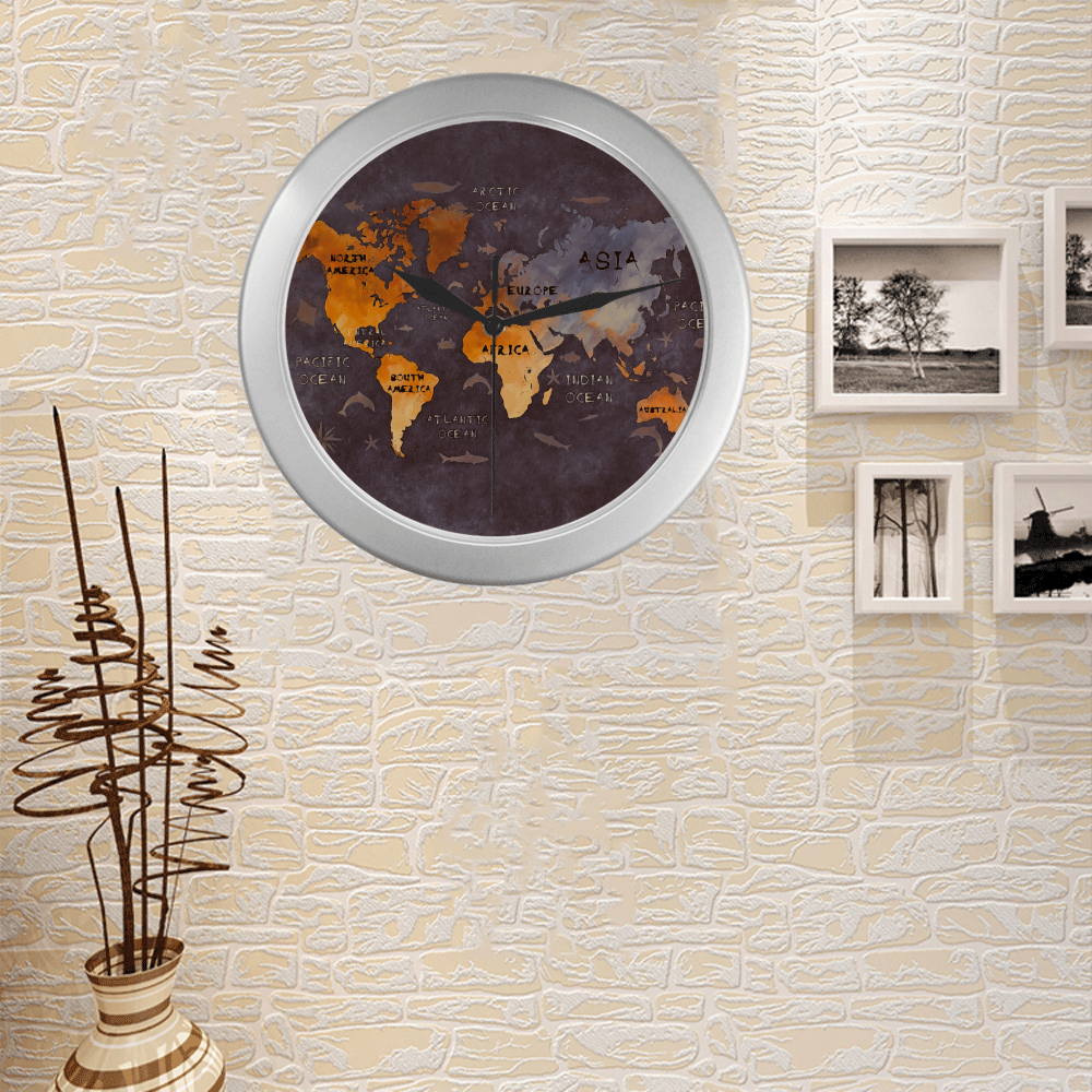 world map Silver Color Wall Clock