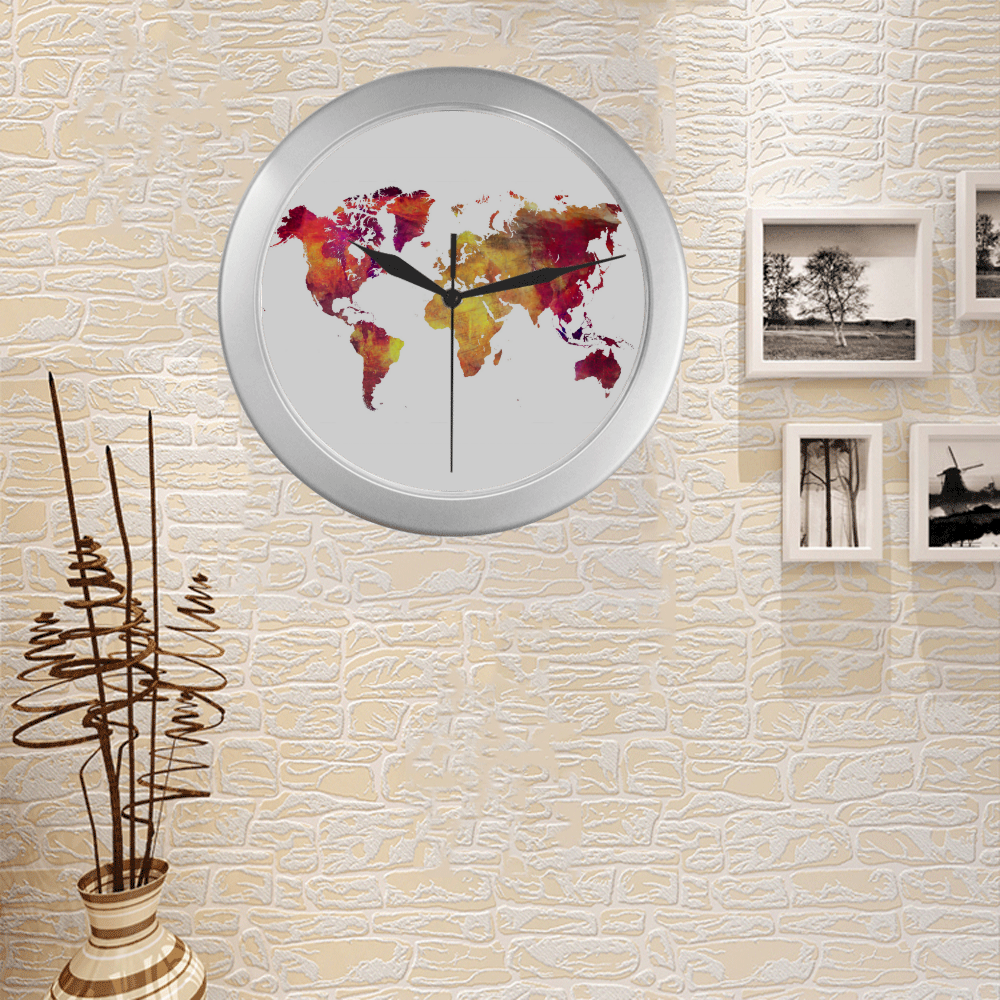 world map 13 Silver Color Wall Clock
