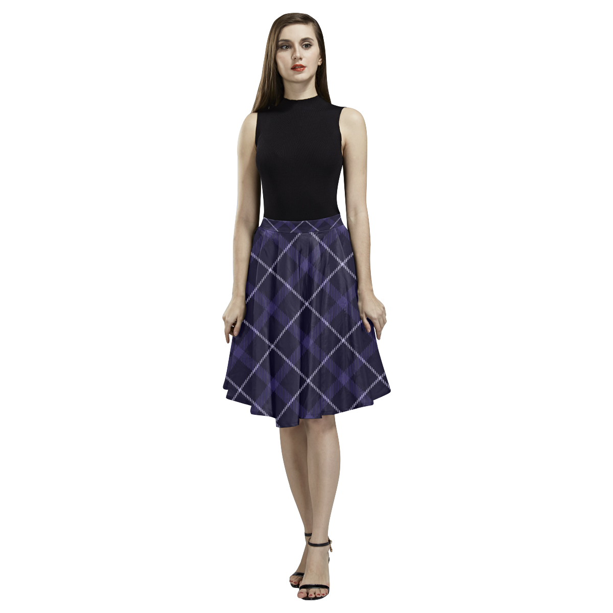 Royal blue plaid / tartan Melete Pleated Midi Skirt (Model D15)