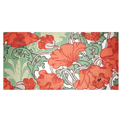 Red Poppies Vintage Floral Cotton Linen Tablecloth 60"x120"