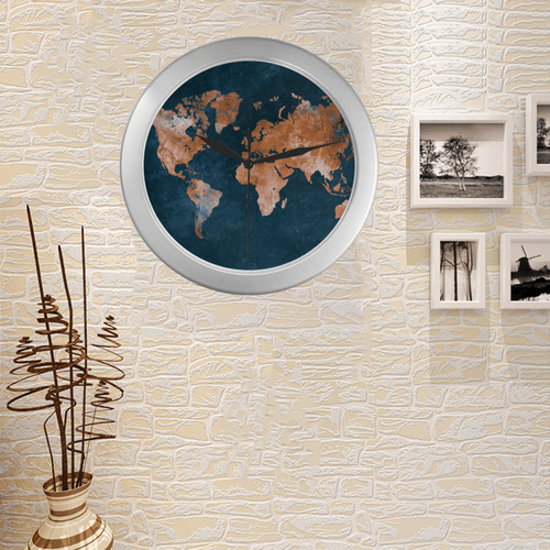 world map Silver Color Wall Clock