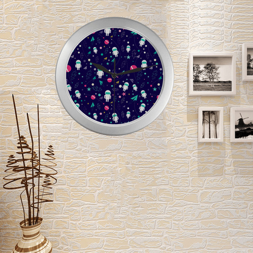 Cute Doodle Astronauts Silver Color Wall Clock
