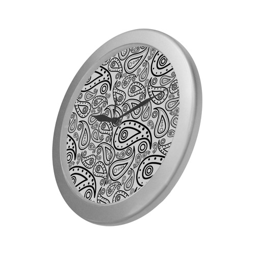 black and white paisley Silver Color Wall Clock