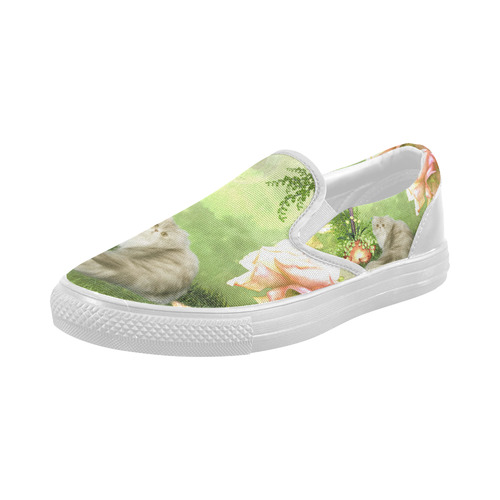 Cute cat in a garden Women's Slip-on Canvas Shoes (Model 019)