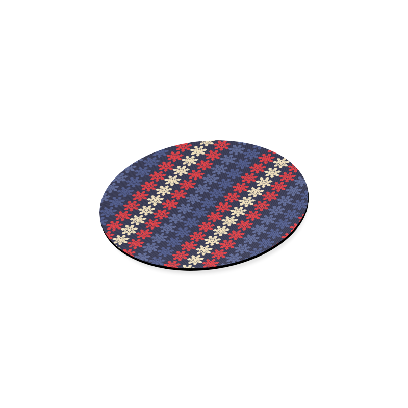 Blue With Red Floral Geometric Tile Round Coaster