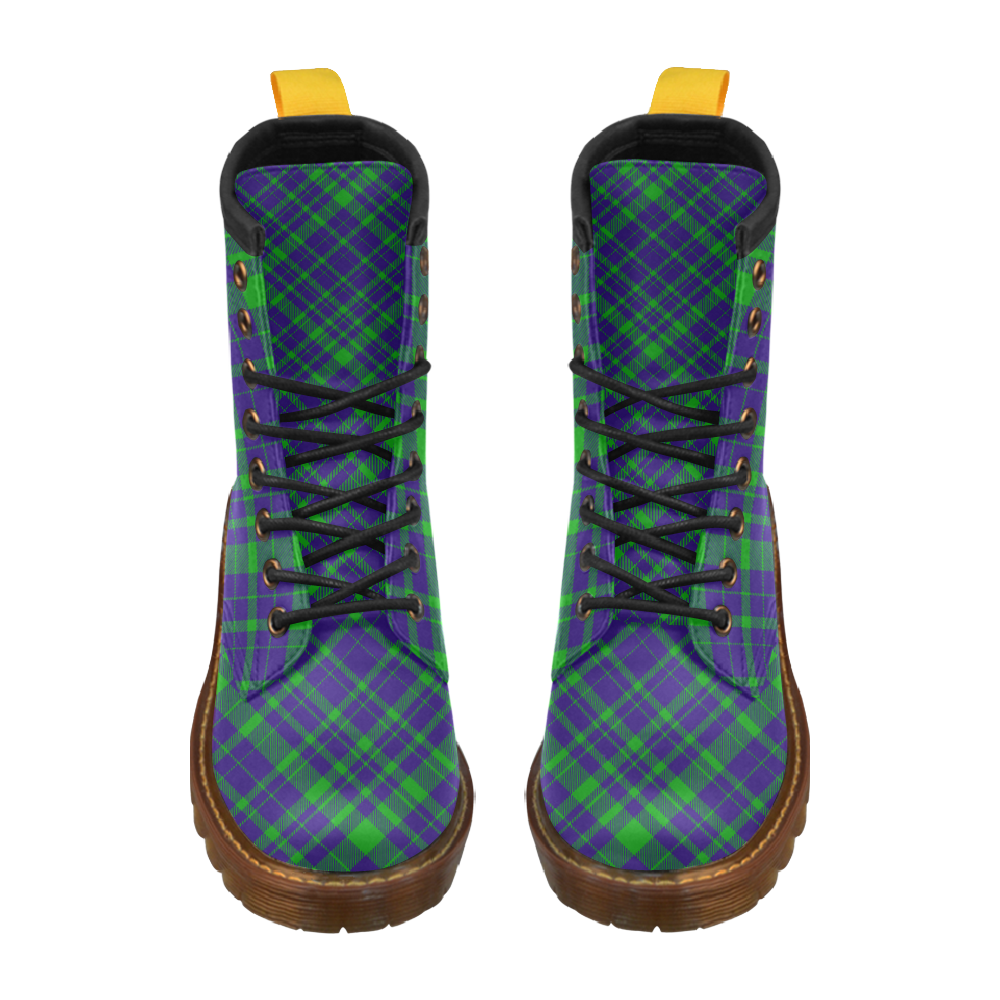 Diagonal Green & Purple Plaid Hipster Style High Grade PU Leather Martin Boots For Women Model 402H