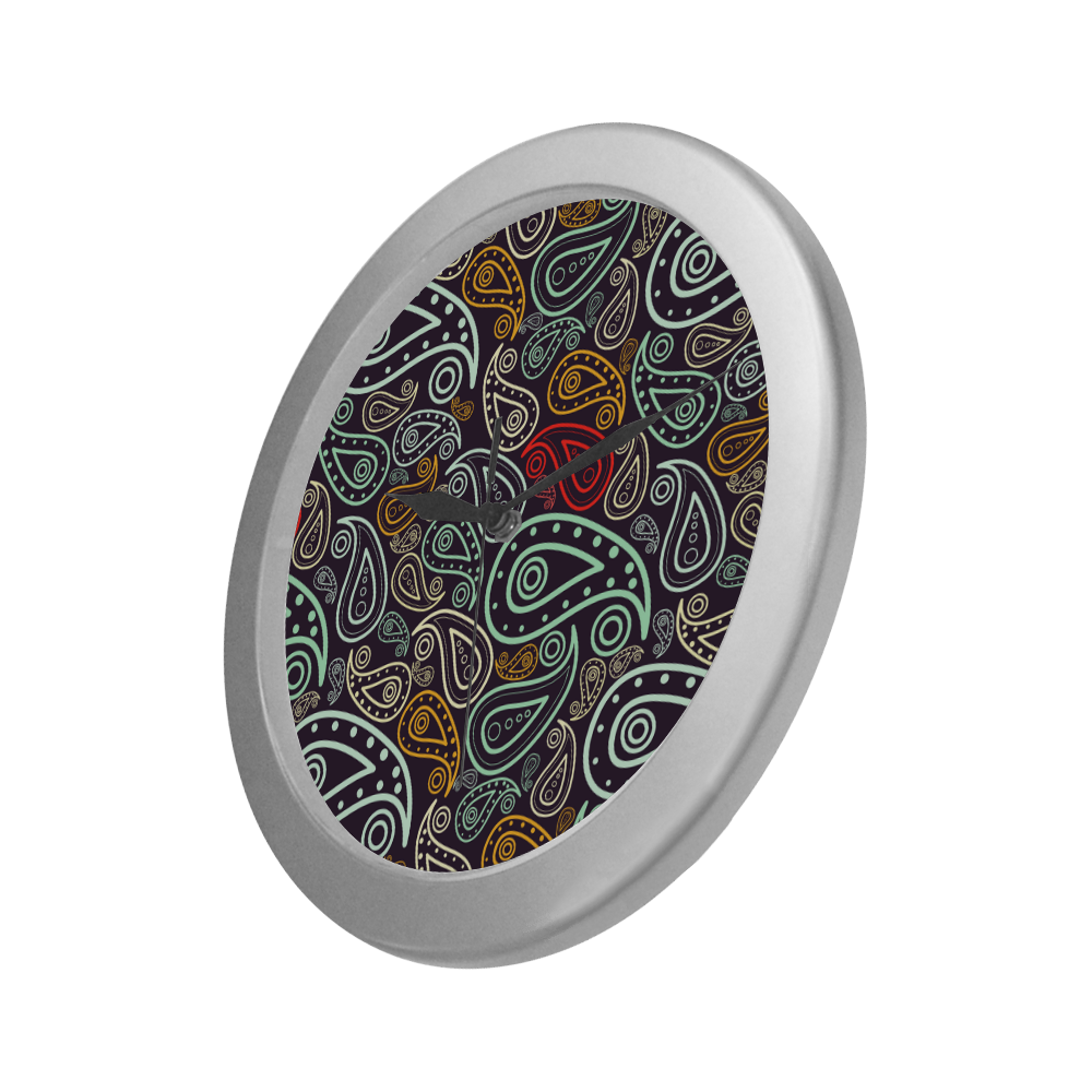 colorful paisley Silver Color Wall Clock