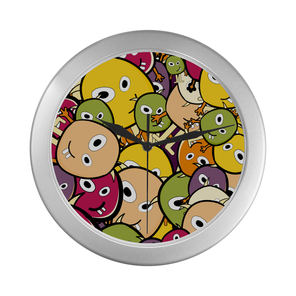 monster colorful doodle Silver Color Wall Clock