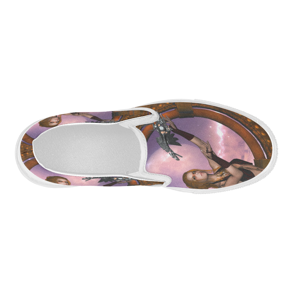 Steampunk lady with steam dragon Women's Slip-on Canvas Shoes (Model 019)