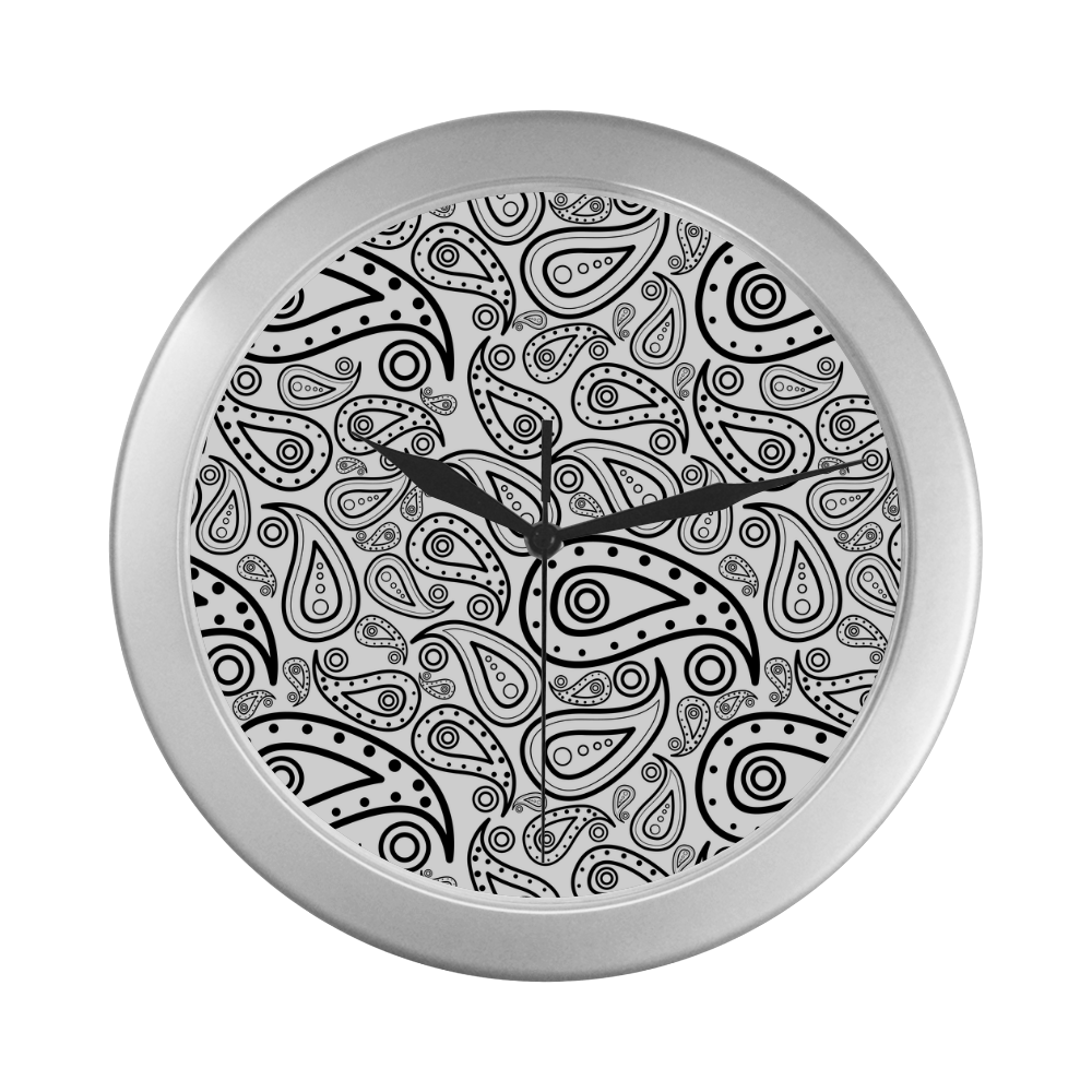 black and white paisley Silver Color Wall Clock