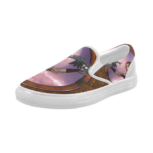 Steampunk lady with steam dragon Women's Slip-on Canvas Shoes (Model 019)