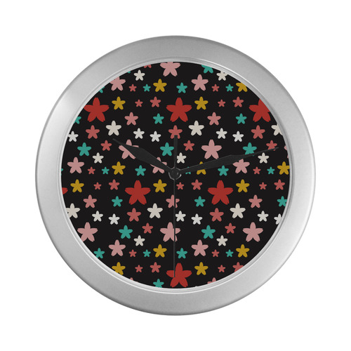 Symmetric Star Flowers Silver Color Wall Clock