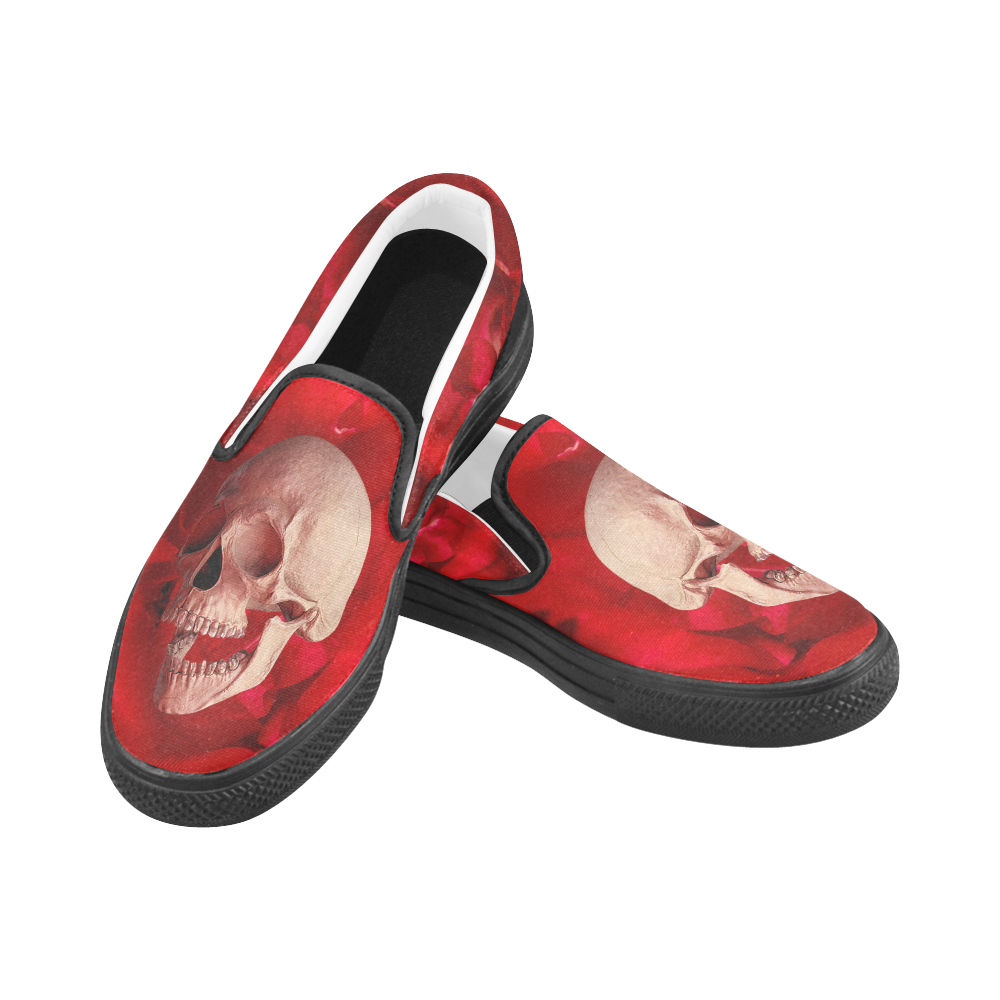 Funny Skull and Red Rose Slip-on Canvas Shoes for Men/Large Size (Model 019)