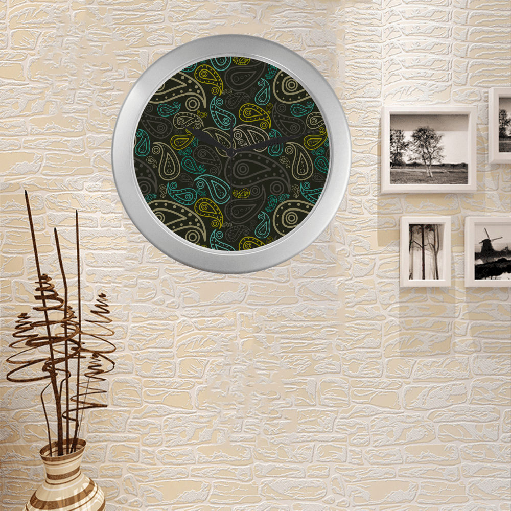 paisley art Silver Color Wall Clock