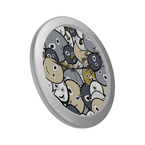 doodle monsters Silver Color Wall Clock
