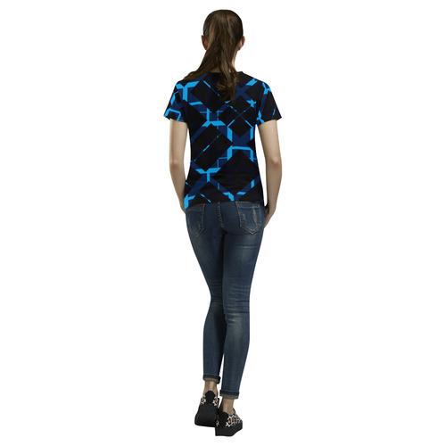 Diagonal Blue & Black Plaid Hipster Style Back & Sleeves Print All Over Print T-Shirt for Women (USA Size) (Model T40)