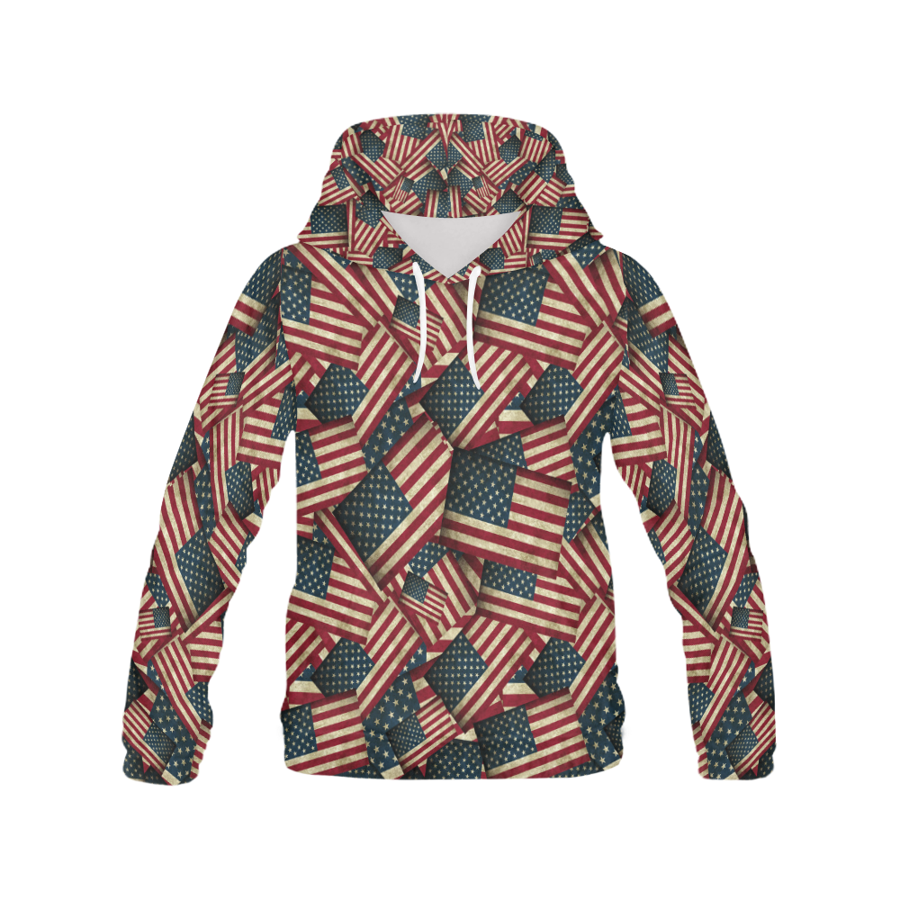 Patriotic Grunge-Style USA American Flags All Over Print Hoodie for Women (USA Size) (Model H13)
