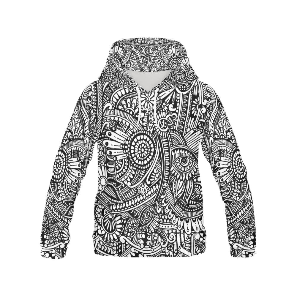 Black white abstract flower pattern hippie All Over Print Hoodie for Women (USA Size) (Model H13)