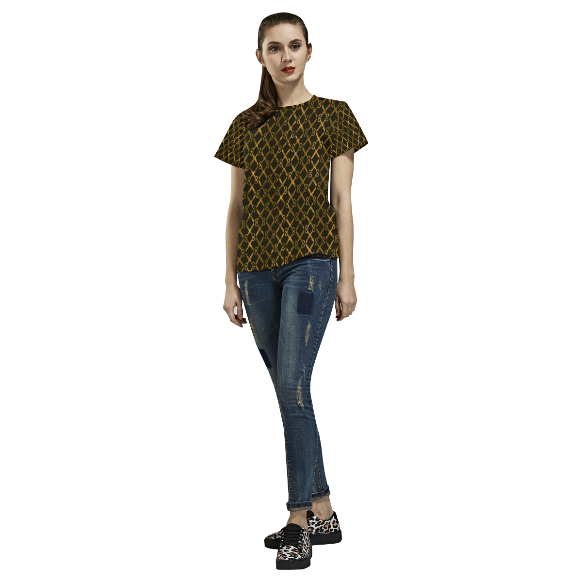 Golden Brown Scissor Stripes All Over Print T-Shirt for Women (USA Size) (Model T40)