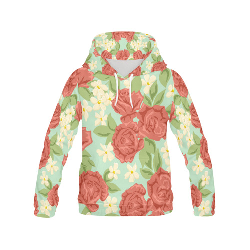 Red Roses Vintage Floral Pattern All Over Print Hoodie for Women (USA Size) (Model H13)