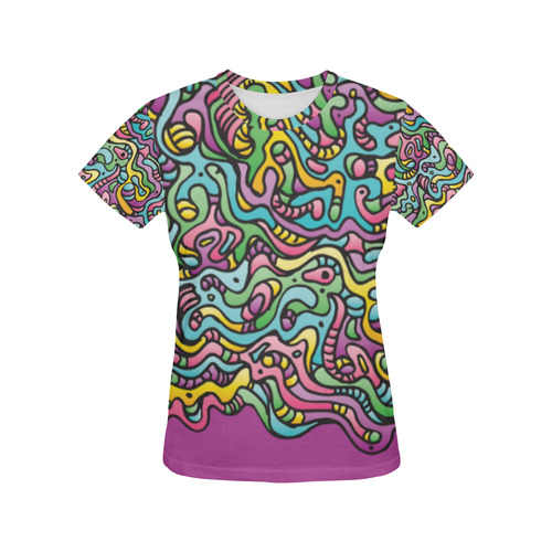 Colorful Tidal Pool, abstract animals, purple All Over Print T-Shirt for Women (USA Size) (Model T40)