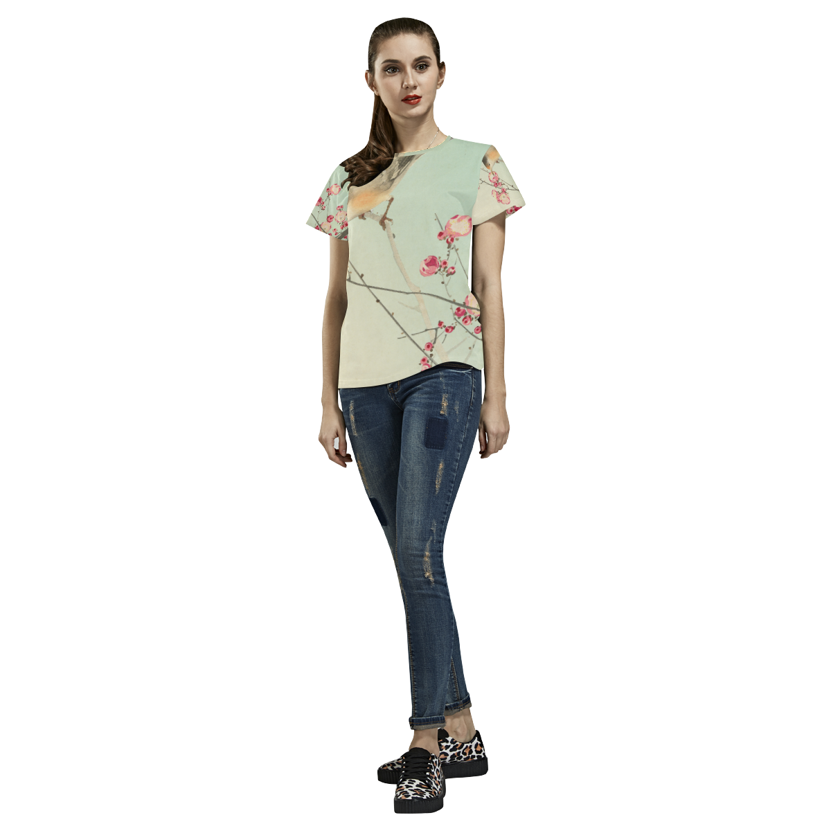 Oriental Bird pink blossom, Japanese woodcut print All Over Print T-Shirt for Women (USA Size) (Model T40)