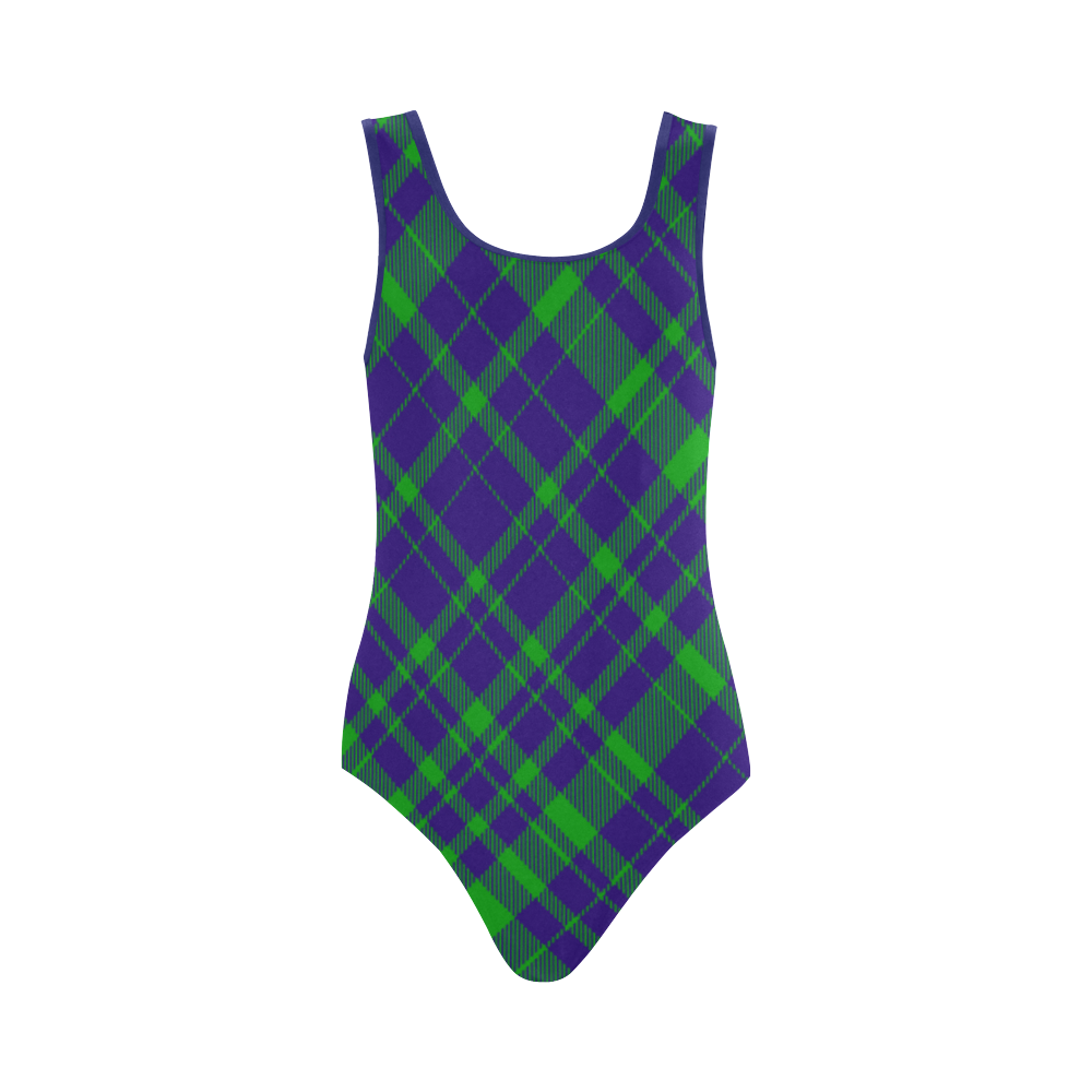 Diagonal Green & Purple Plaid Hipster Style Vest One Piece Swimsuit (Model S04)