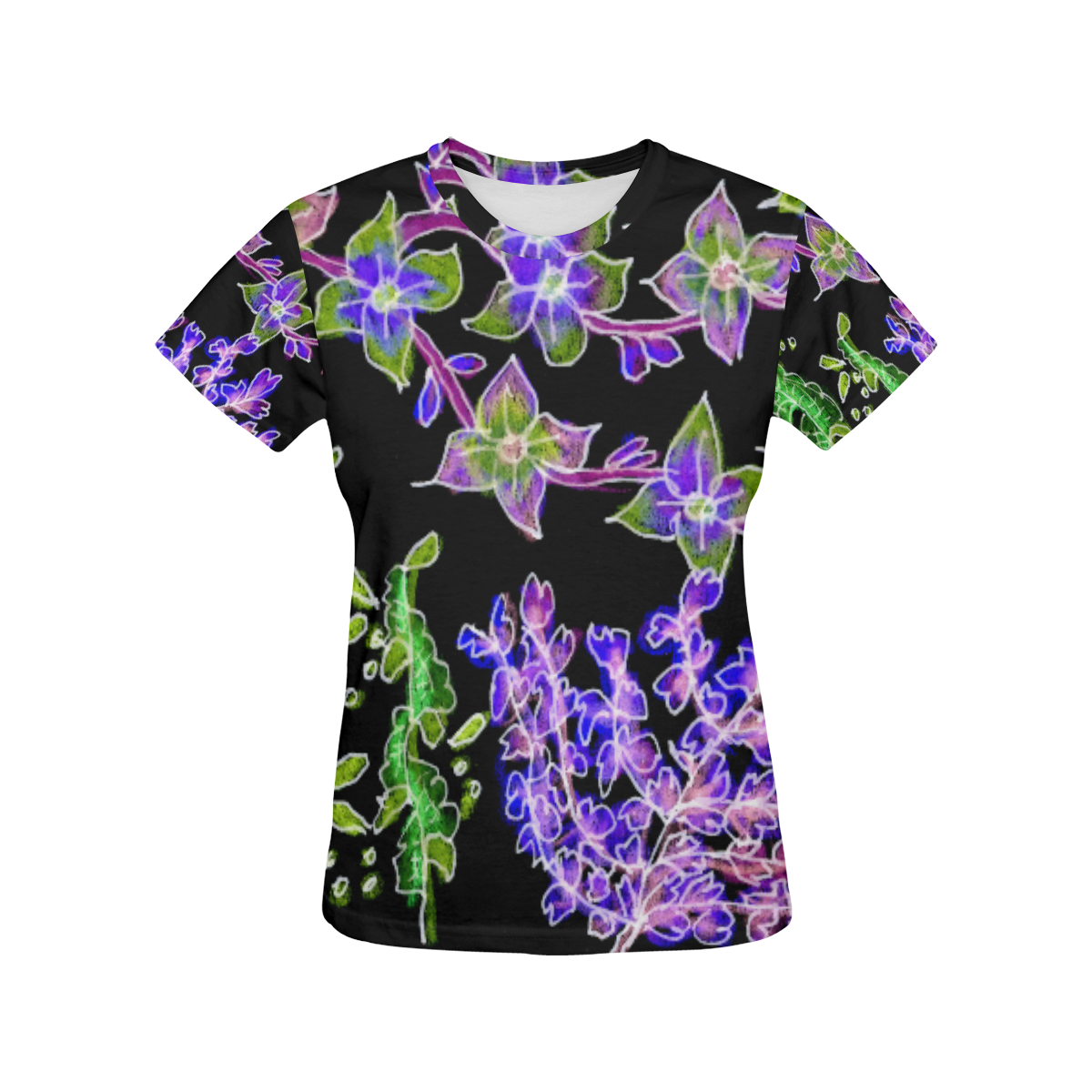 Psychedelic Purple Green Dancing Flowers Glow All Over Print T-Shirt for Women (USA Size) (Model T40)