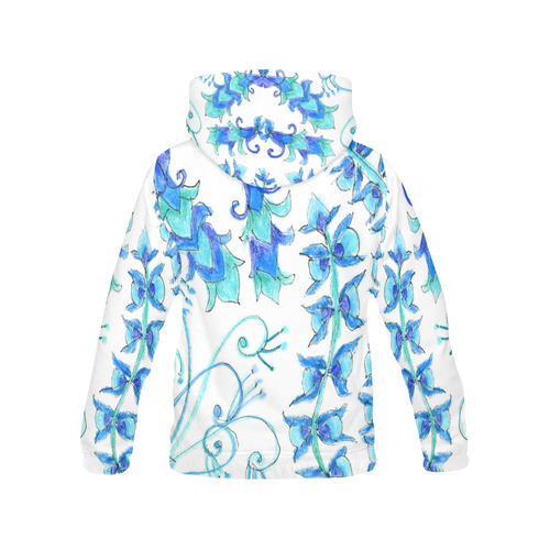 Dancing Aqua Blue Vines, Flowers Zendoodle Garden All Over Print Hoodie for Women (USA Size) (Model H13)