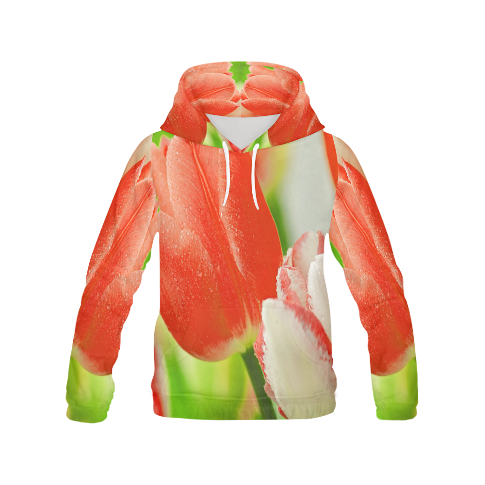 Red White Tulips Floral All Over Print Hoodie for Women (USA Size) (Model H13)
