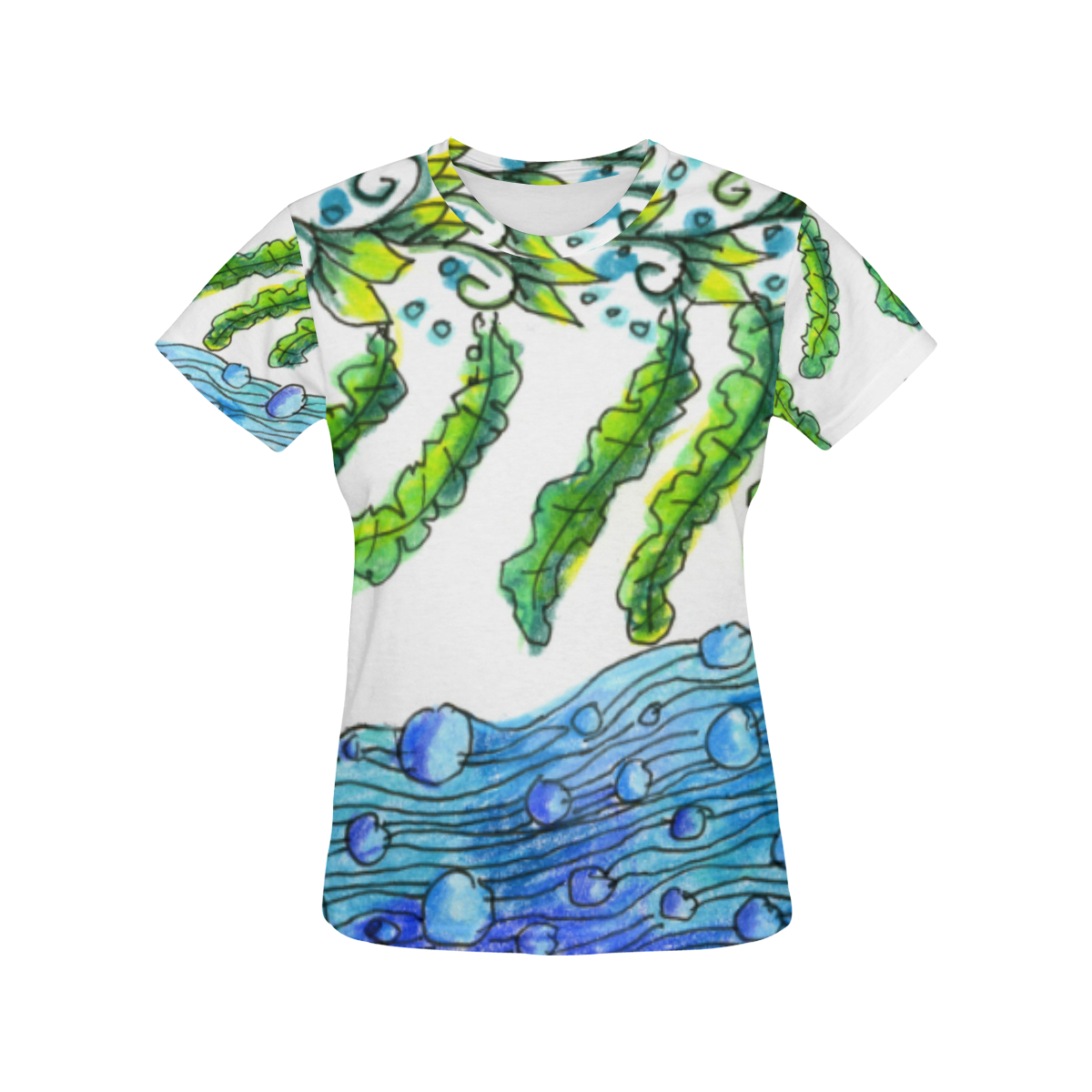 Abstract Blue Green Flowers Vines River Zendoodle All Over Print T-Shirt for Women (USA Size) (Model T40)