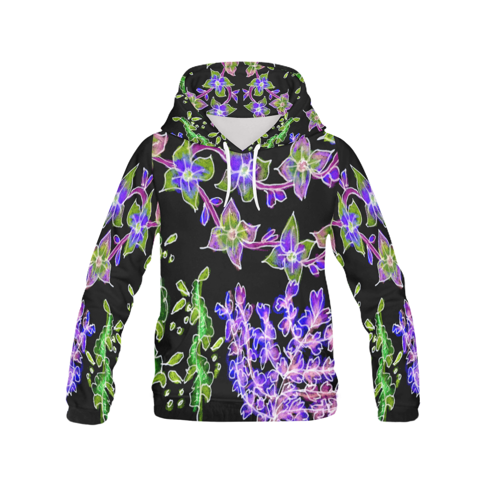 Psychedelic Purple Green Dancing Flowers Glow All Over Print Hoodie for Women (USA Size) (Model H13)