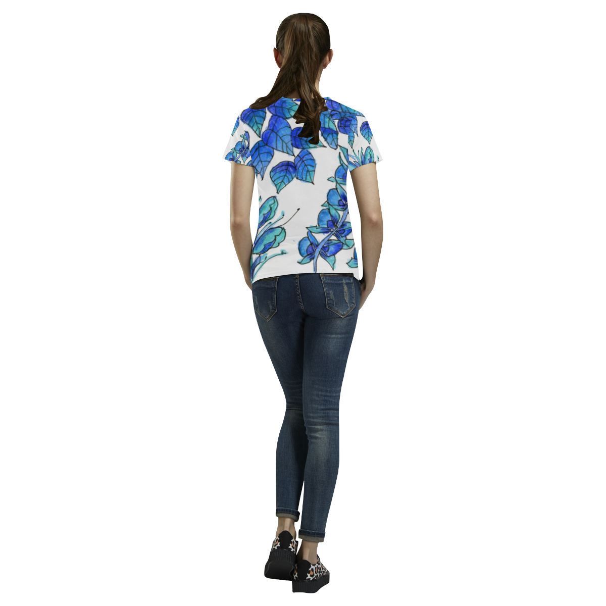 Pretty Blue Flowers, Aqua Garden Zendoodle All Over Print T-Shirt for Women (USA Size) (Model T40)