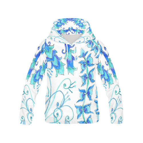 Dancing Aqua Blue Vines, Flowers Zendoodle Garden All Over Print Hoodie for Women (USA Size) (Model H13)