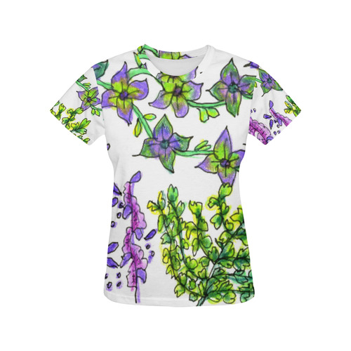 Abstract Purple Green Birds Singing Flowers Garden All Over Print T-Shirt for Women (USA Size) (Model T40)