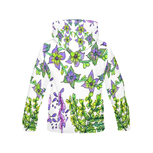 Abstract Purple Green Birds Singing Flowers Garden All Over Print Hoodie for Women (USA Size) (Model H13)