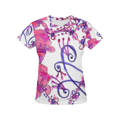 Pink Flower Garden Zendoodle, Purple Gardenscape All Over Print T-Shirt for Women (USA Size) (Model T40)