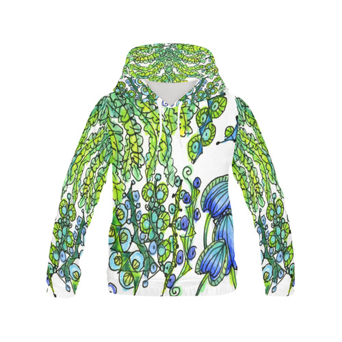 Green Blue Dancing Vines Joyful Flower Garden All Over Print Hoodie for Women (USA Size) (Model H13)